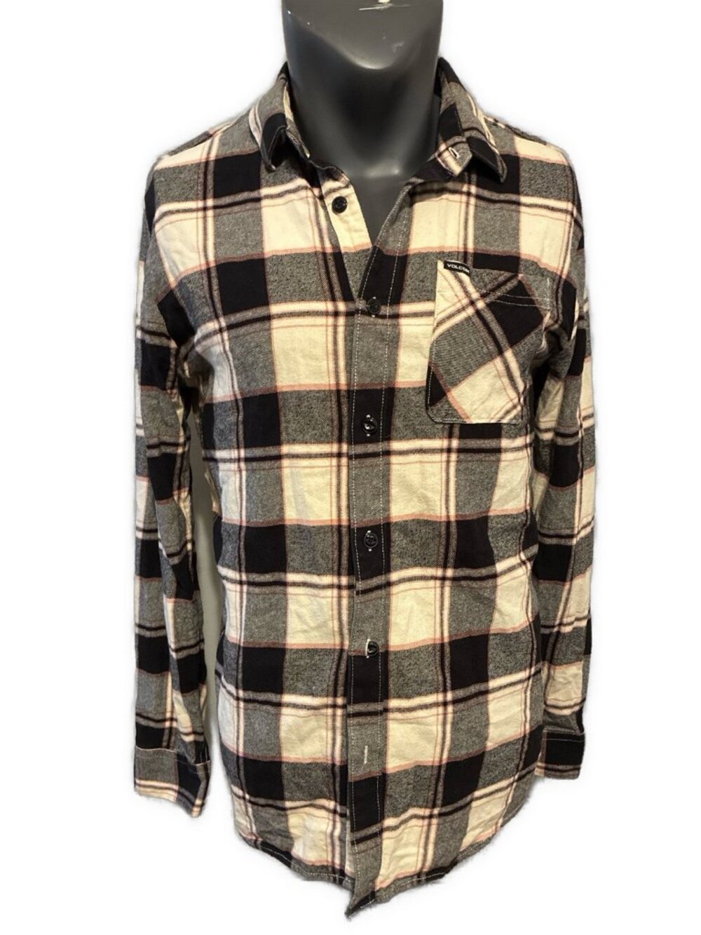 Volcom Modern Fit Black Cream Plaid Flannel Button-Up Shirt Men’s Size Large